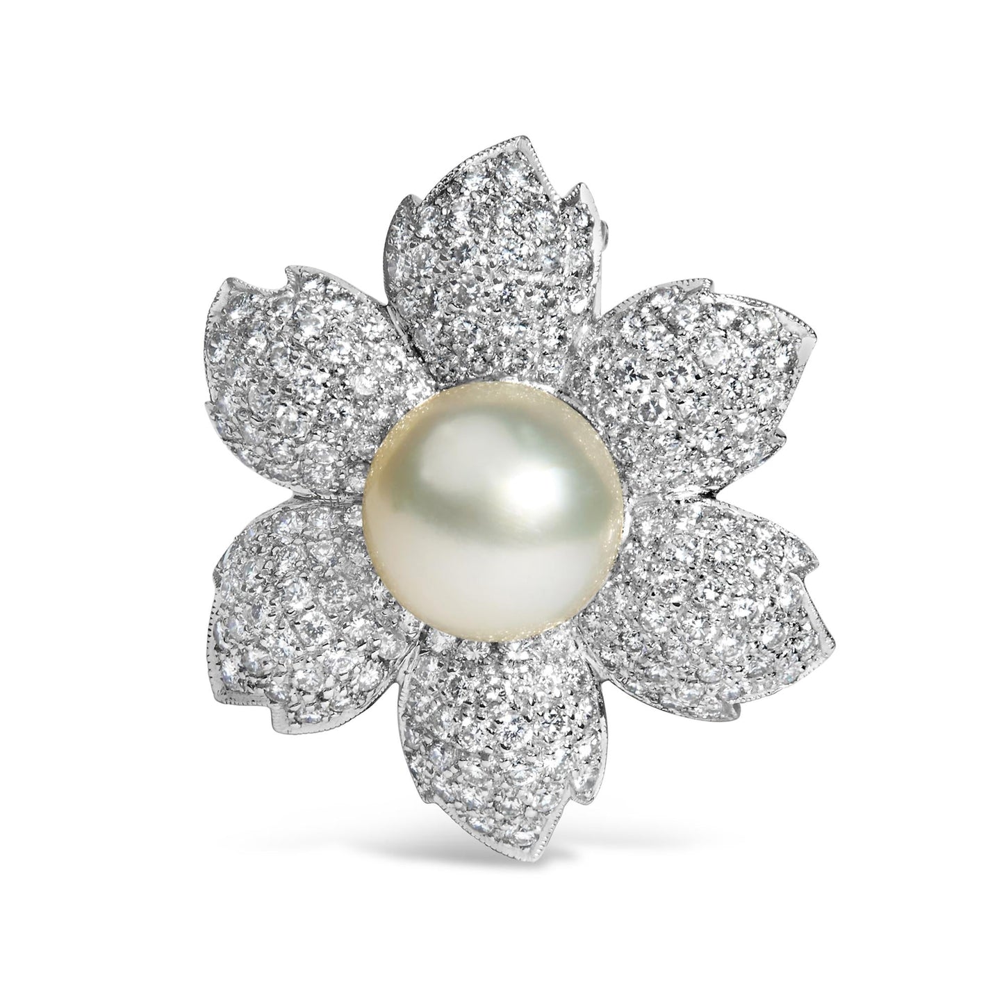 18K White Gold 2 3/4 Cttw Diamond and 12.5 MM Cultured Freshwater Pearl Floral Brooch Pin (G-H Color, VS1-VS2 Clarity)