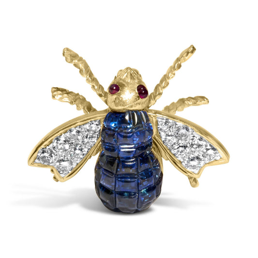 18K Yellow Gold 3/8 Cttw Diamond and 5 4/5 Cttw Blue Sapphire Bumblebee Brooch Pin (F-G Color, VS2-SI1 Clarity)