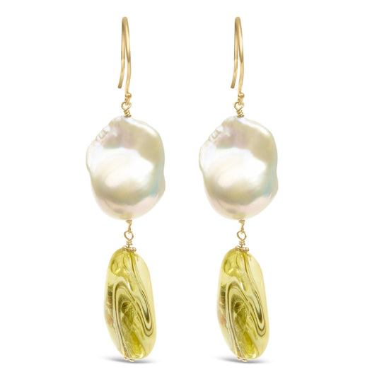 14K Yellow Gold Citrine and Baroque Pearl Drop and Dangle Earrings 1 3/4 Inch Dangle