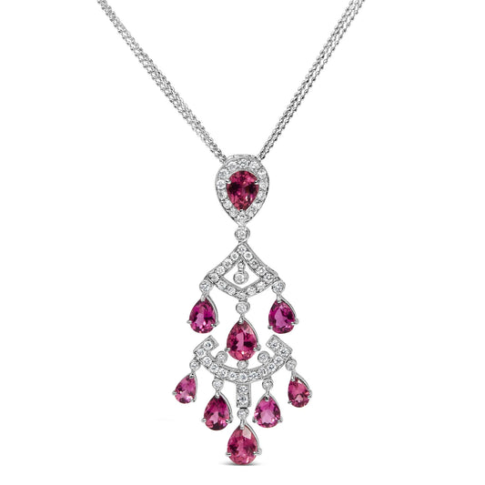 18K White Gold 1 1/10 Cttw Diamond and Pink Tourmaline Double-Strand Art Deco Inspired Chandelier 18" Pendant Necklace (F-G Color, VVS2-VS1 Clarity)