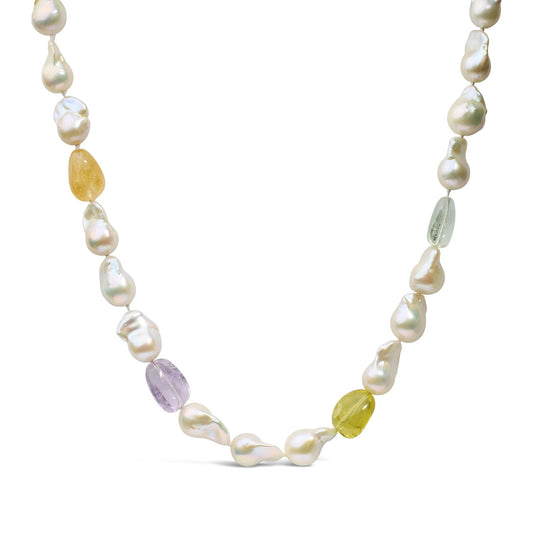 14K Yellow Citrine, Amethyst, and Baroque Pearl Strand Necklace - 18" Inches