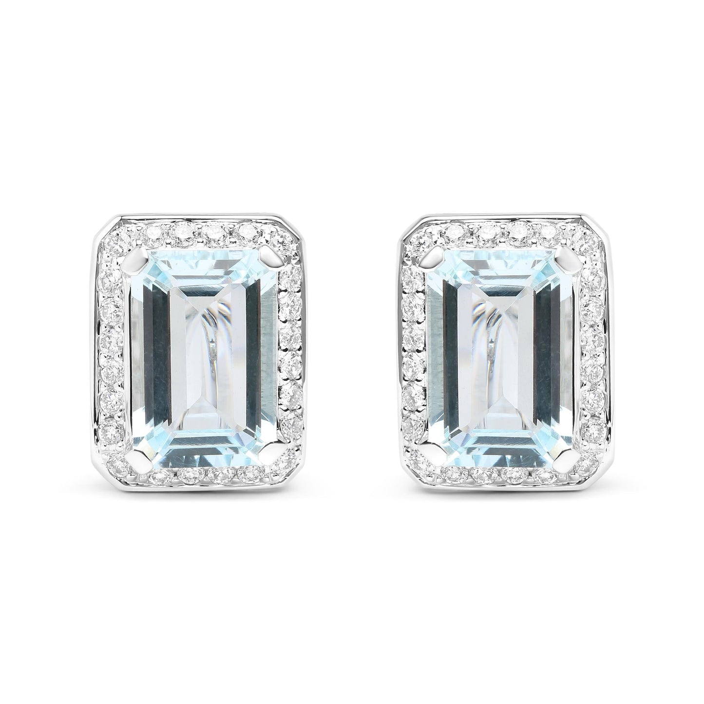 18K White Gold 3/4 Cttw Round Diamond and 13x9mm Emerald Cut Blue Aquamarine Gemstone Halo Omega Stud Earrings (G-H Color, SI1-SI2 Clarity)