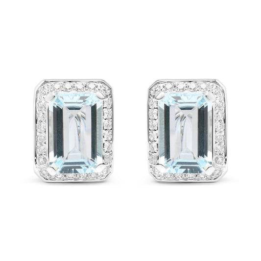 18K White Gold 3/4 Cttw Round Diamond and 13x9mm Emerald Cut Blue Aquamarine Gemstone Halo Omega Stud Earrings (G-H Color, SI1-SI2 Clarity)