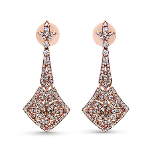 18K Rose Gold 1 1/3 Cttw Diamond Studded Fleur De Lis Trellis Style Drop and Dangle Earring (F-G Color, VS1-VS2 Clarity)