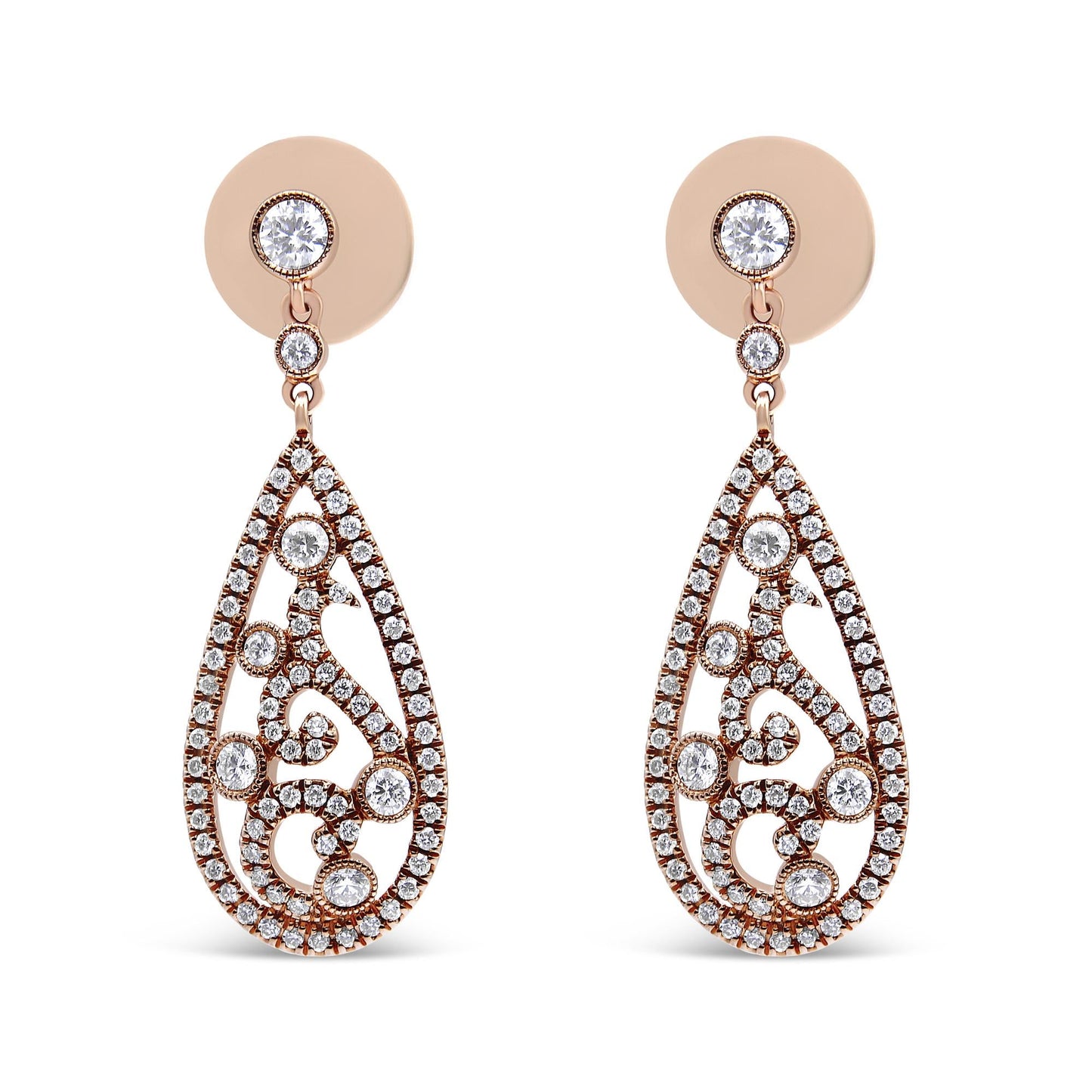 18K Rose Gold 1 1/4 Cttw Diamond Teardrop Shaped Drop and Dangle Screw Back Stud Earring (F-G Color, VS1-VS2 Clarity)