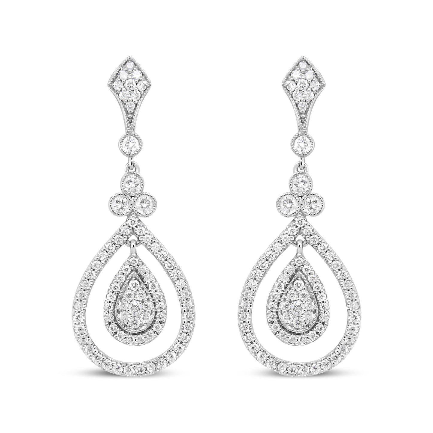 18K White Gold 1 1/4 Cttw Round Diamond Openwork Teardrop-Shaped Dangle Earrings (F-G Color, VS1-VS2 Clarity)