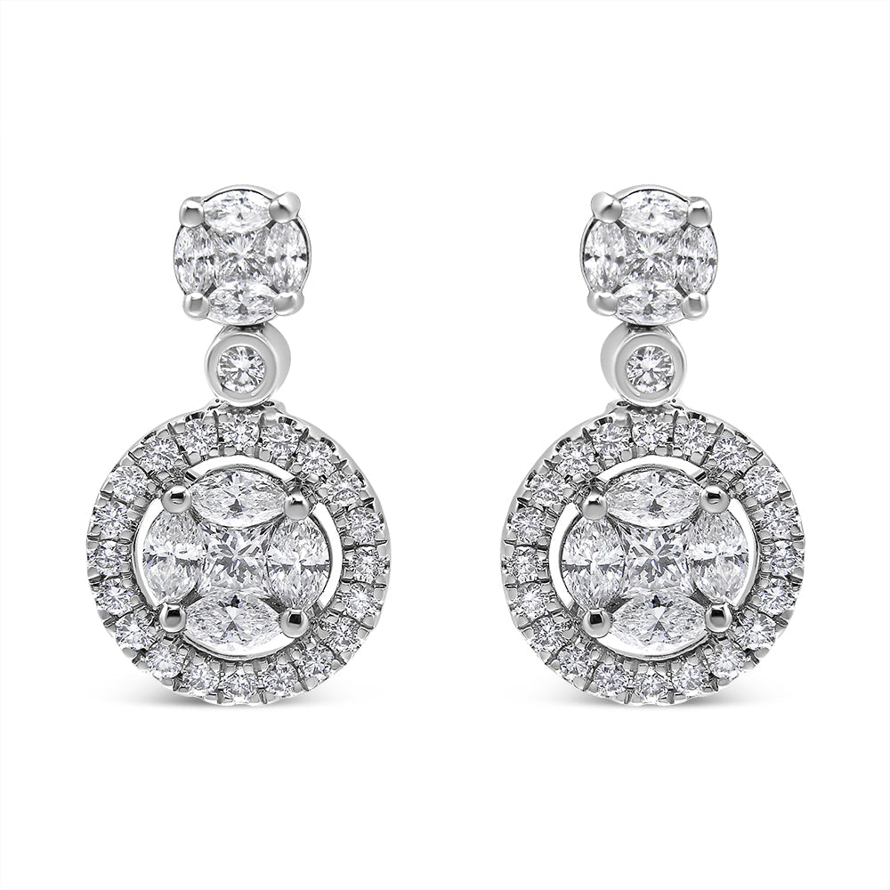 18K White Gold 2.0 Cttw Round Shape Diamond Composite Halo Dangle Stud Earring (F-G Color, VS1-VS2 Clarity)