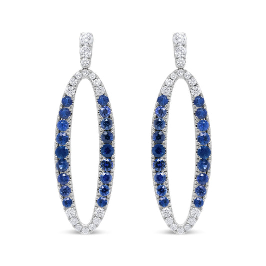 18K White Gold 1.11 Cttw Blue Round Diamond and Blue Sapphire Openwork Oval Shaped Dangle Earrings (F-G Color, VS1-VS2 Clarity)