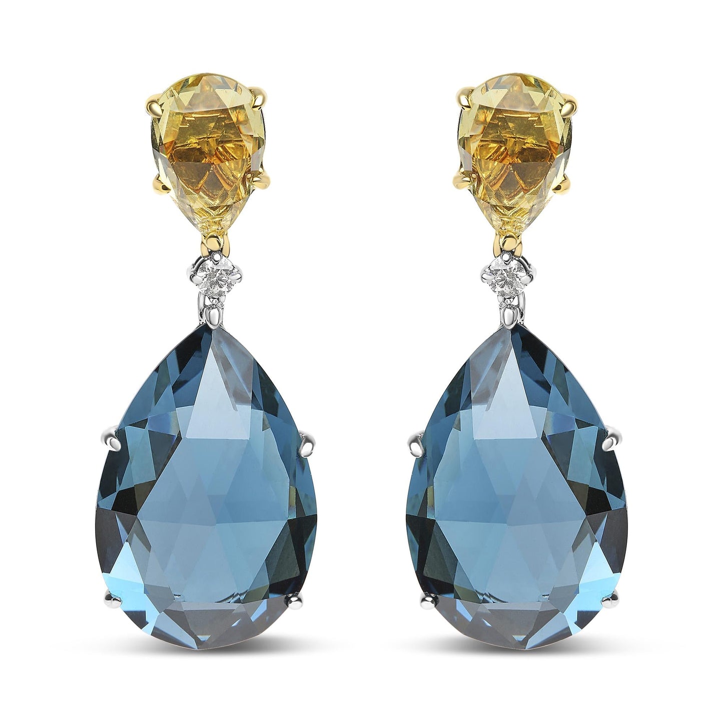 18K White and Yellow Gold 1/5 Cttw Diamond with Pear Cut Lemon Quartz and Pear Cut London Blue Topaz Gemstone Dangle Earring (G-H Color, SI1-SI2 Clarity)