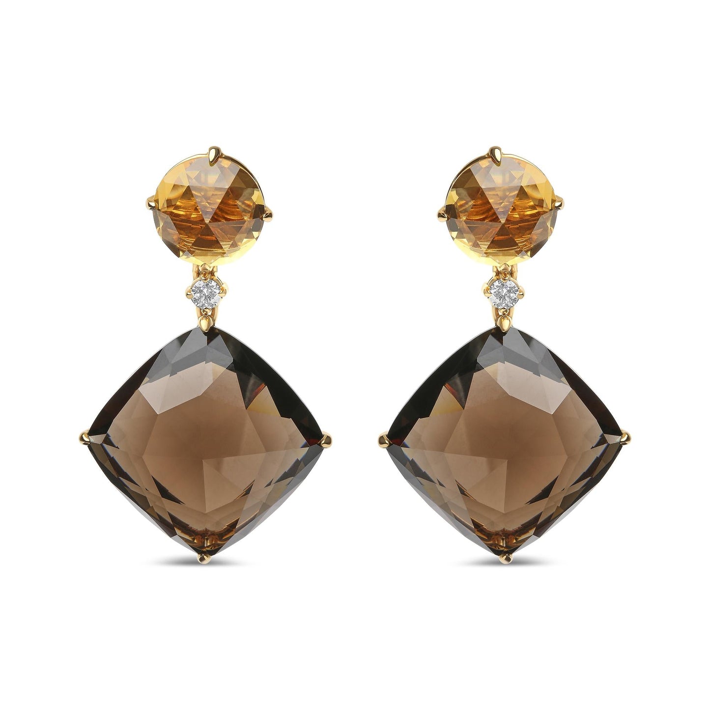 18K Yellow Gold 1/5 Cttw Diamond with Round Yellow Citrine and 25mm Cushion Cut Smoky Quartz Gemstone Dangle Earring (G-H Color, SI1-SI2 Clarity)