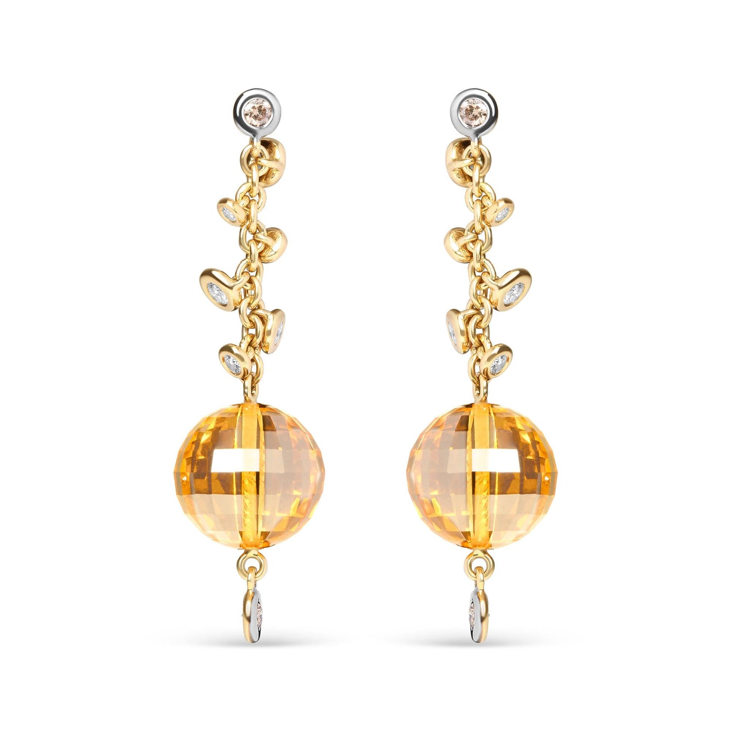 18K Yellow Gold 2/3 Cttw Round Bezel Diamond and 25mm Ball Shaped Yellow Citrine Gemstone Dangle Stud Earring (Brown and G-H Color, SI1-SI2 Clarity)