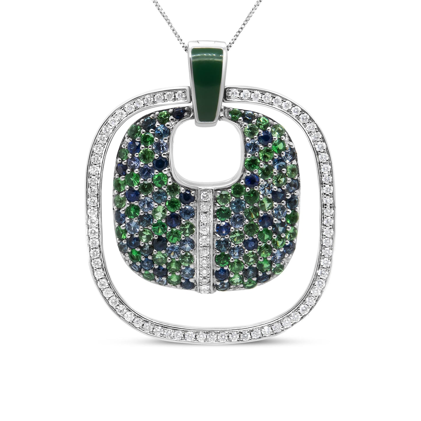 .925 Sterling Silver Green Enamel Pendant with 1/2 Cttw Diamond, Sapphire, and Tsavorite Openwork Statement 18" Pendant Necklace (F-G Color, VS1-VS2 Clarity)