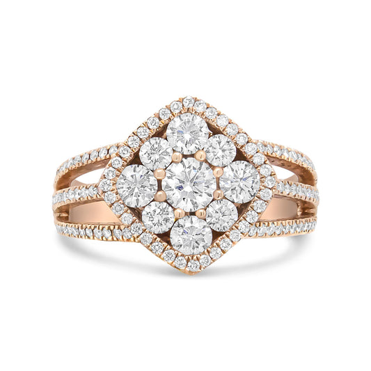 18K Rose Gold 1 1/4 Cttw Diamond Halo Cluster Split Shank Ring Band (F-G Color, VS1-VS2 Clarity)