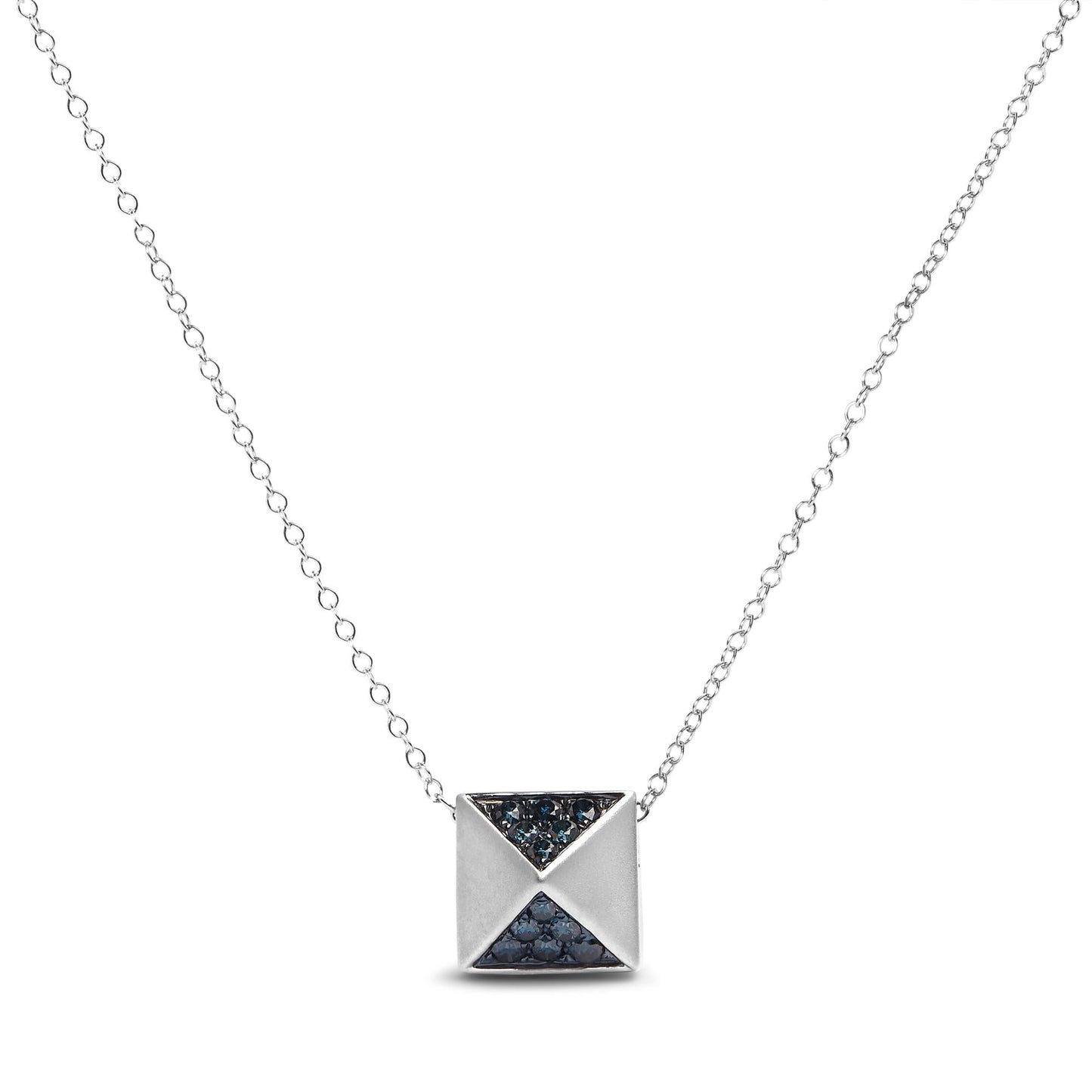 14K White Gold 1/4 Cttw Treated Blue Diamond Matte Finished Pyramid Pendant Necklace (Blue Color, SI1-SI2 Clarity) - 18" Inches