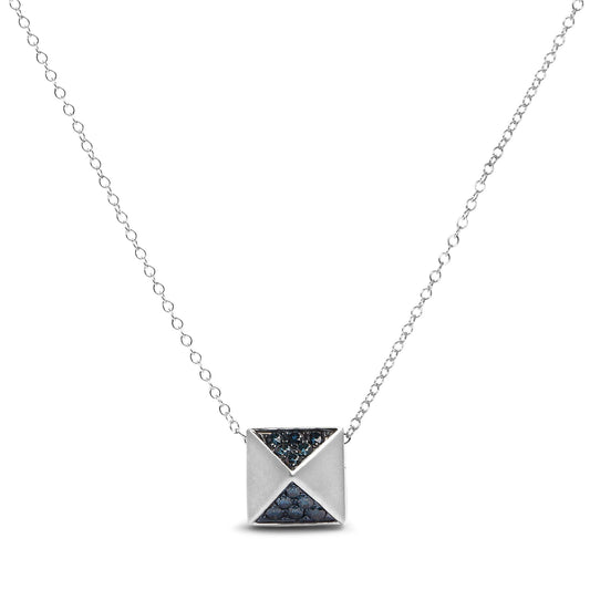 14K White Gold 1/4 Cttw Treated Blue Diamond Matte Finished Pyramid Pendant Necklace (Blue Color, SI1-SI2 Clarity) - 18" Inches