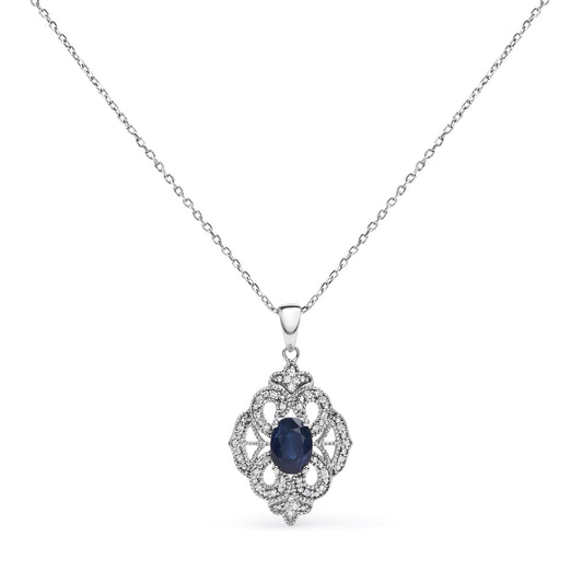 .925 Sterling Silver 7x5 MM Oval Blue Sapphire and Diamond Accent Art Deco Style Shield Shaped 18" Pendant Necklace (I-J Color, I3 Clarity)