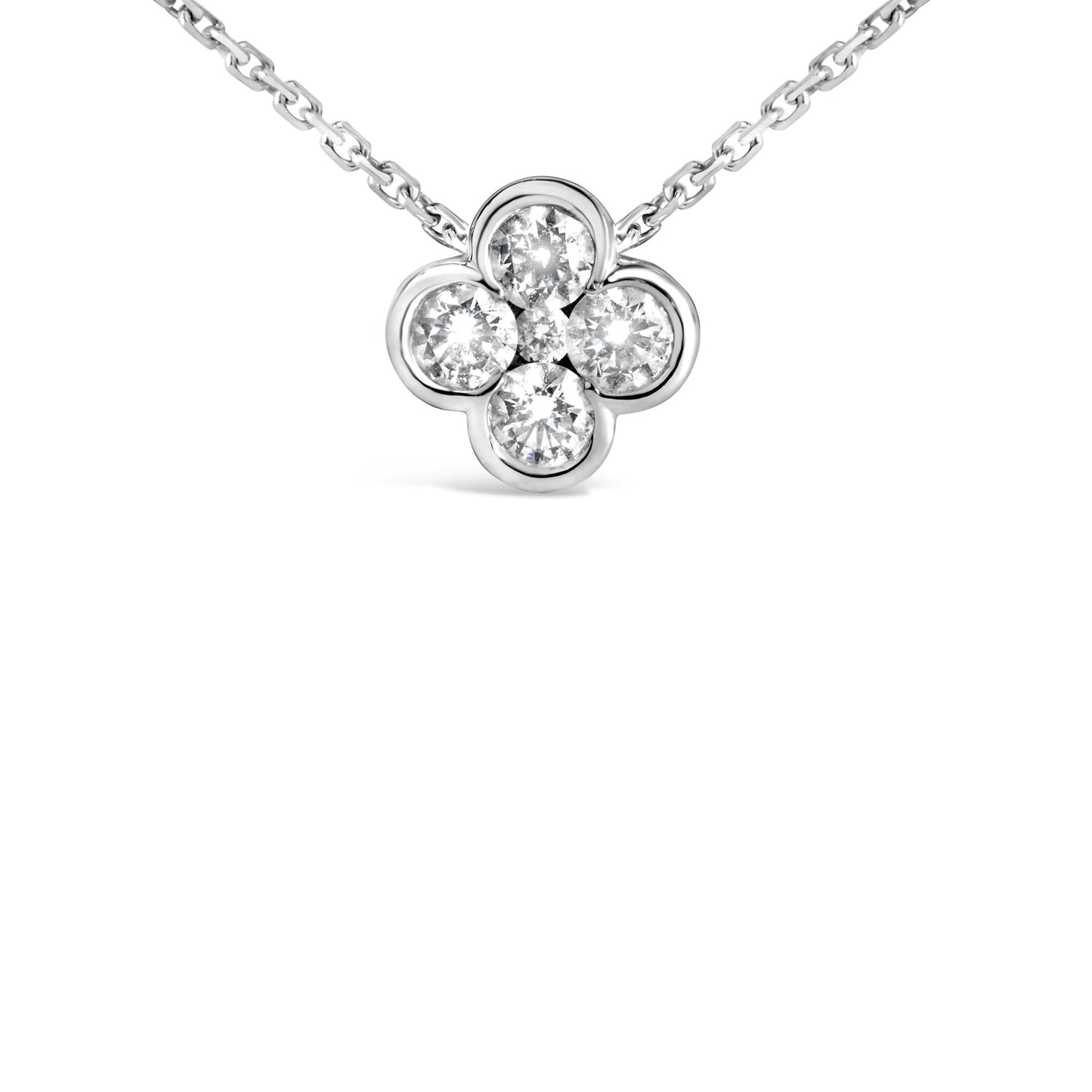 14K White Gold 1/2 Cttw Diamond Bezel 4 Point Floral Bloom 18" Inch Pendant Necklace (H-I Color, VS2-SI1 Clarity)