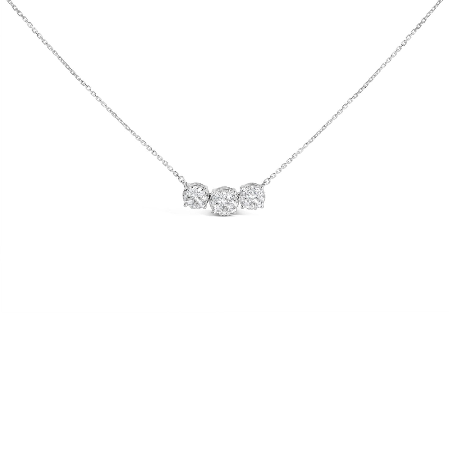 14K White Gold 1.0 Cttw Diamond 3 Station Cluster Necklace (G-H Color, VS2-SI1 Clarity) - 18" Inches