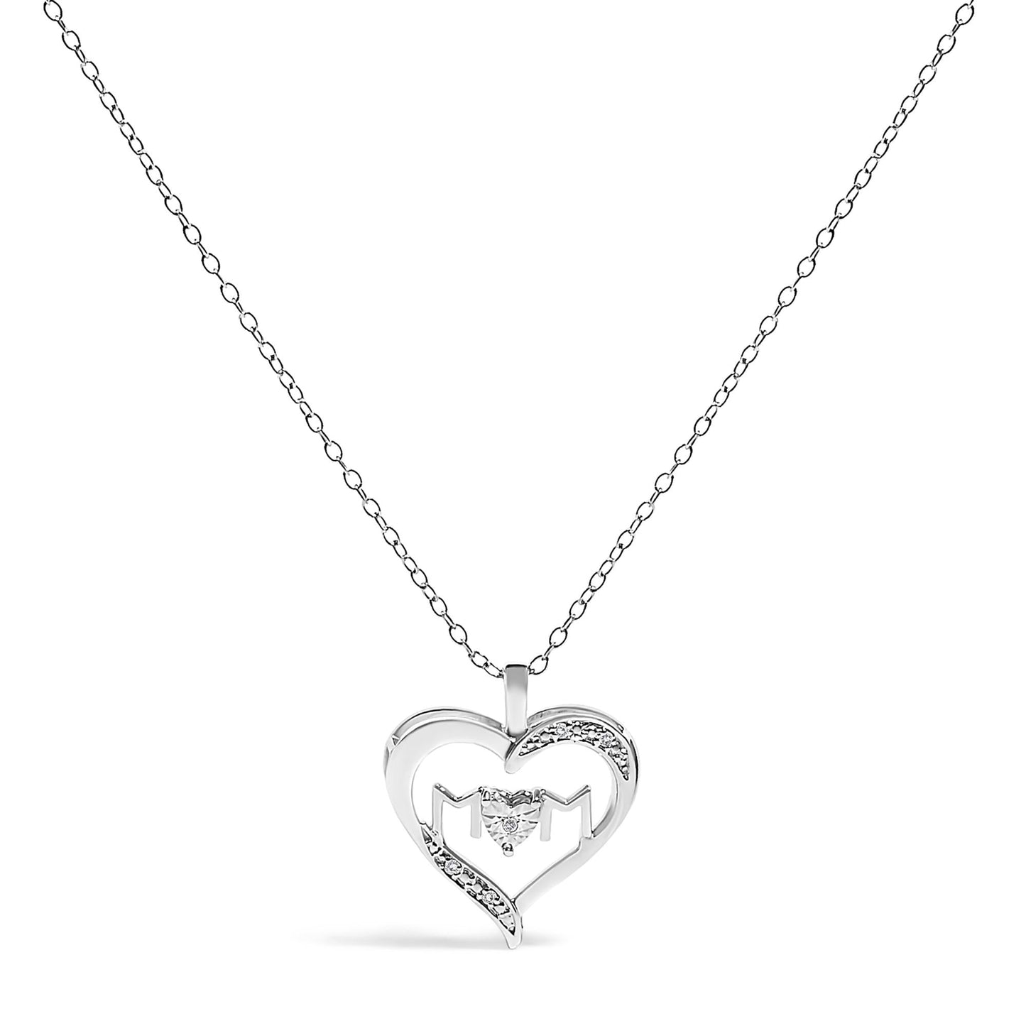 .925 Sterling Silver Diamond Accent MOM with Heart Pendant Necklace (J-K Color, I2-I3 Clarity) - 18" Inches