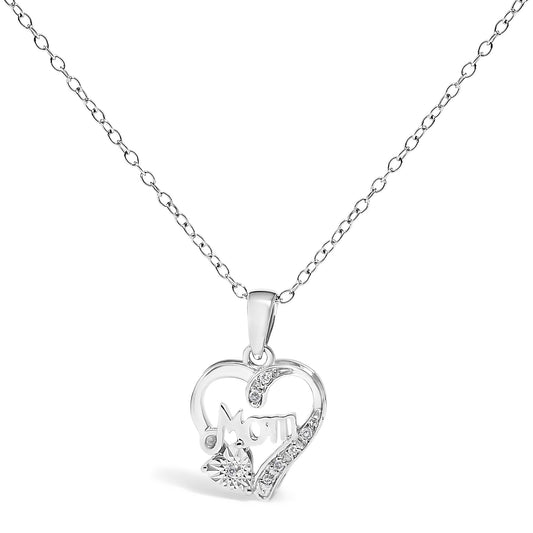 .925 Sterling Silver Diamond Accent Mom with Heart Pendant Necklace (J-K Color, I2-I3 Clarity) - 18" Inches