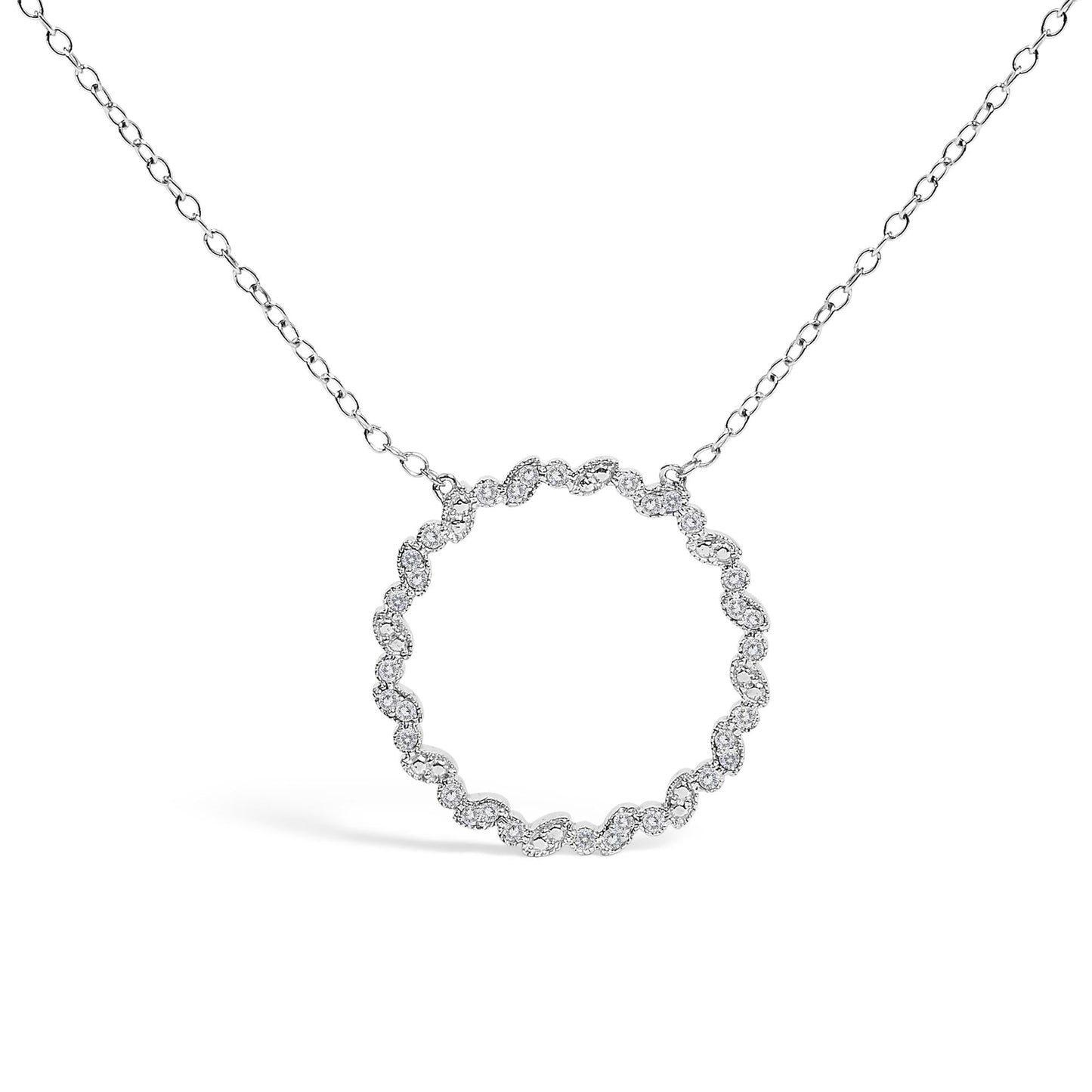 .925 Sterling Silver 1/7 Cttw Lab Grown Diamond Beaded Love Circle Pendant Necklace - Size 18 Inches