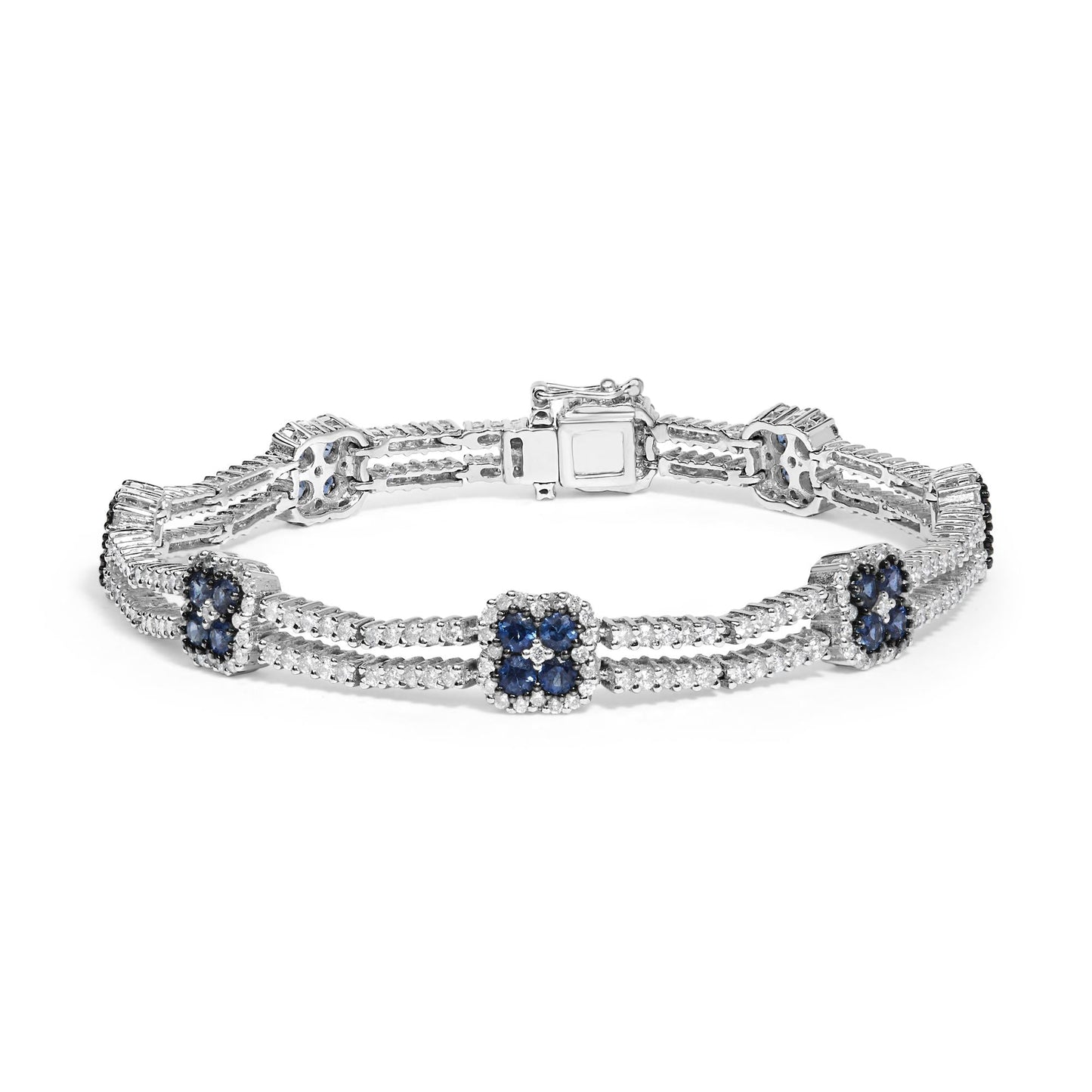 18K White Gold 2 3/4 Cttw Diamond and 3x3MM Sapphire Double Row Link Bracelet (G-H Color, VS1-VS2 Clarity) - 7" Inches