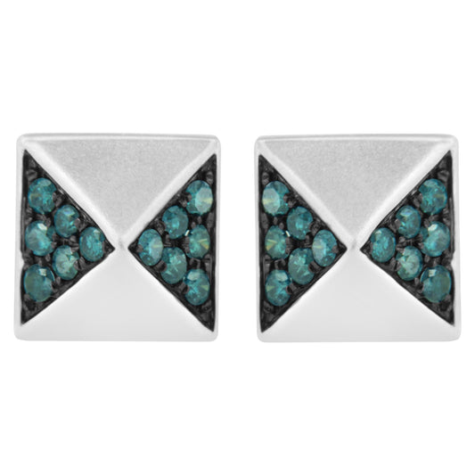 14K White Gold 1/4 Cttw Treated Blue Diamond Pyramid Stud Earring (Blue Color, SI1-SI2 Clarity)