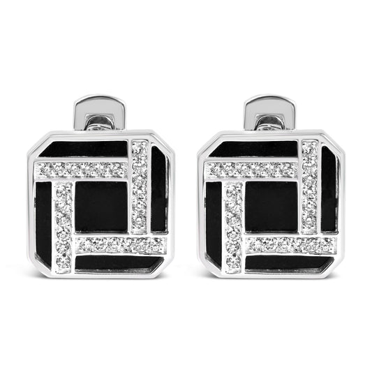 18K White Gold 1/2 Cttw Diamond and Black Enamel Cufflinks for Men (F-G Color, VS1-VS2 Clarity)