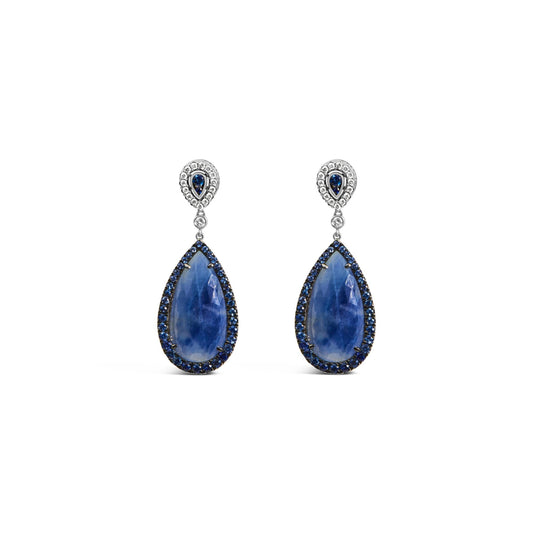 18K White Gold Earring 30x15MM Pear Shaped Blue Sapphire and Diamond Halo Drop and Dangle Earrings (F-G Color, VS1-VS2 Clarity)