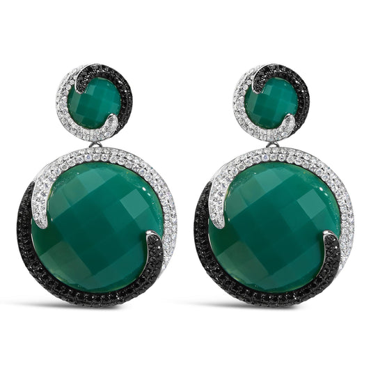 14K White Gold 2.0 Cttw White and Black Diamond and Green Agate Double Medallion Disc Drop and Dangle Earrings (H-I Color, I2-I3 Clarity)