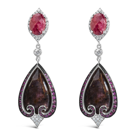 14K White Gold 3/5 Cttw Diamond, Grey-Orange Sapphire, and Pink Spinel Vintage-Inspired Drop Earrings (F-G Color, VS1-VS2 Clarity)