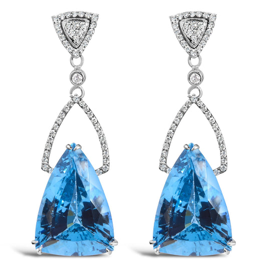 14K White Gold Earrings 4/5 Cttw Diamond and 18x11 MM Trillion Cut Blue Topaz Drop and Dangle Earrings (F-G Color, VS2-SI1 Clarity)