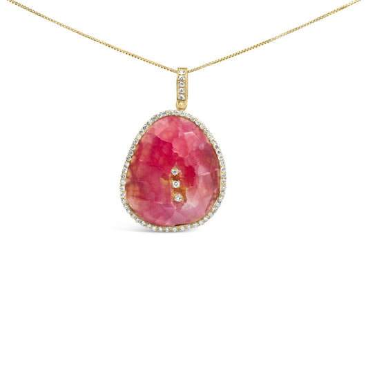 18K Yellow Gold 42.0 Cttw Pink Quartz Crystal Geode and 1.0 Cttw Diamond Halo 18" Pendant Necklace (F-G Color, VS1-VS2 Clarity)