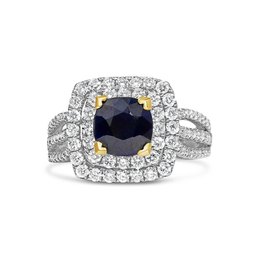 14K White Gold 7X7 Round Blue Sapphire 1 1/2 Cttw Diamond Halo Engagement Ring (F-G Color, VS1-VS2 Clarity) - Ring Size 6