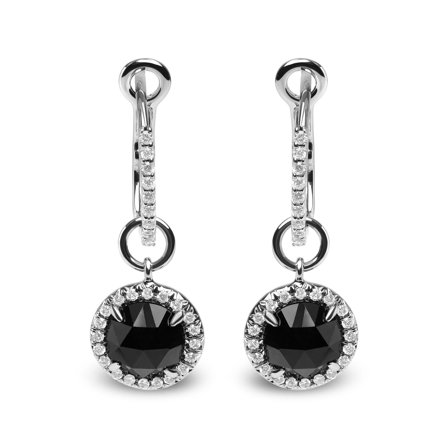 18K White Gold 1/3 Cttw Diamond and 7mm Round Black Onyx Gemstone Halo Dangle Hoop Earrings (G-H Color, SI1-SI2 Clarity)