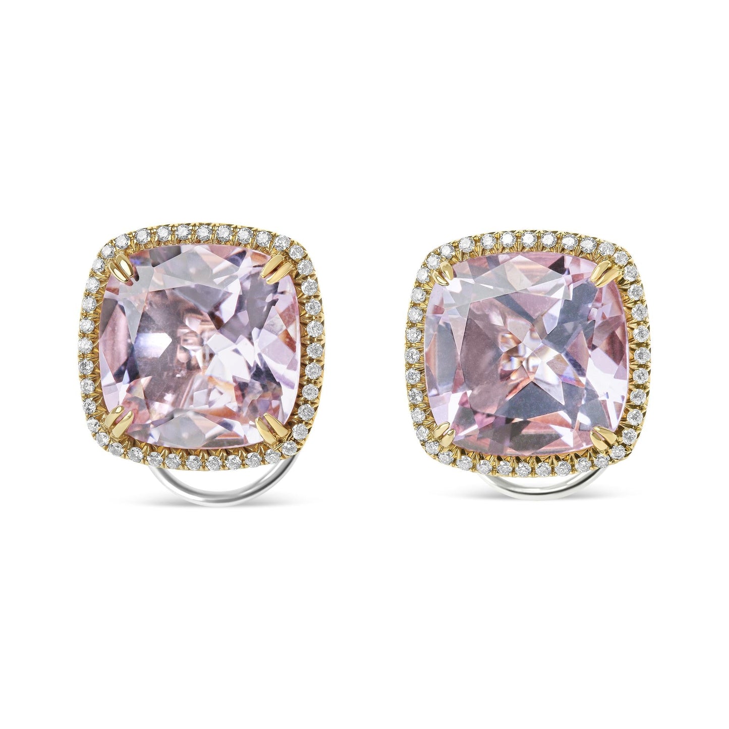 18K Rose and White Gold 9/10 Cttw Round Diamond and 15mm Cushion Cut Rose De France Pink Amethyst Gemstone Clip On Stud Earring (G-H Color, SI1-SI2 Clarity)