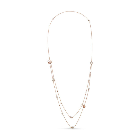 18K Rose Gold 1/2 Cttw Diamond and Freshwater Pearl Double Strand Station Necklace  (G-H Color, SI1-SI2 Clarity) - Adjustable up to 16" to 20"