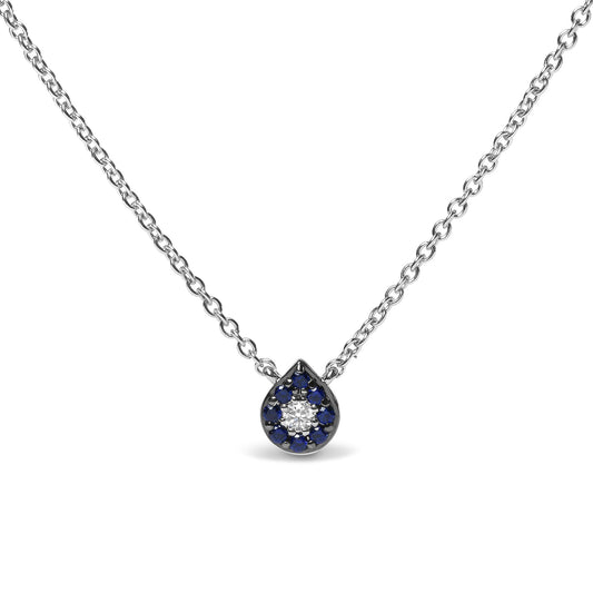 18K White Gold Diamond Accent and 1mm Round Blue Sapphire Gemstone Halo Teardrop Pendant Necklace (G-H Color, SI1-SI2 Clarity)  - Adjustable up to 15.5" - 17"