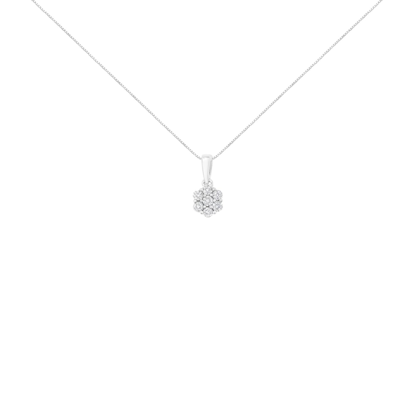 14K White Gold 1/2 cttw Prong Set Round-Cut Diamond 7 Stone Floral Cluster 18" Pendant Necklace (H-I Color, I1-I2 Clarity)