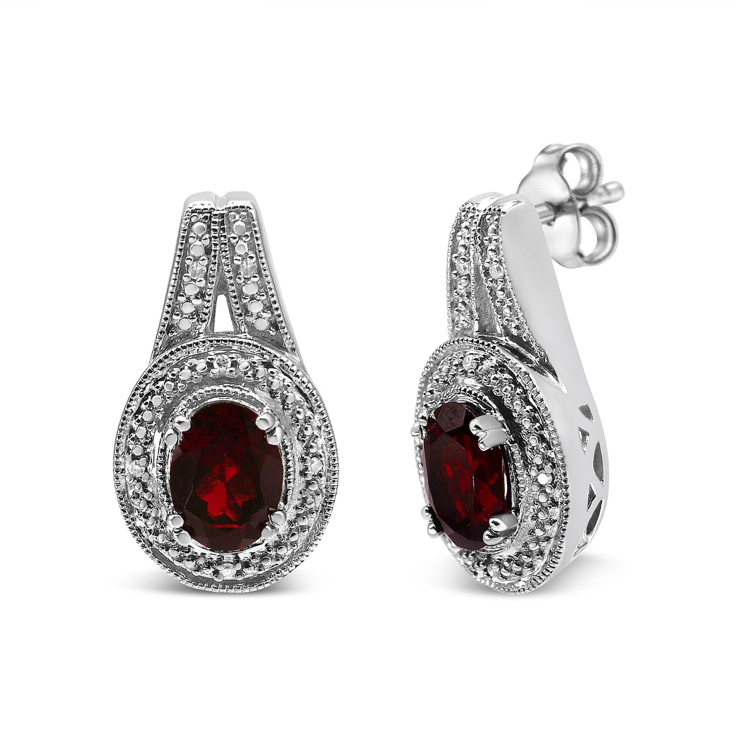 .925 Sterling Silver Diamond Accent and 8x6mm Red Oval Garnet Stud Earrings (I-J Color, I1-I2 Clarity)