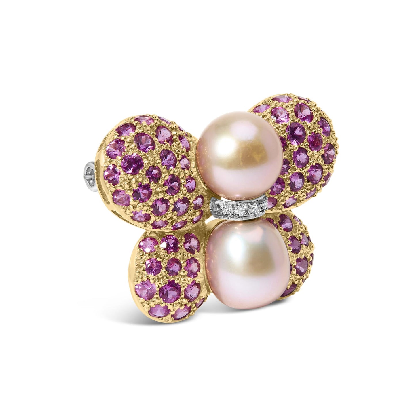 18K Yellow and White Gold 9MM South Sea Pearl and Pink Sapphire Butterfly Pin Brooch with Diamond Accent (F-G Color, VS1-VS2 Clarity)