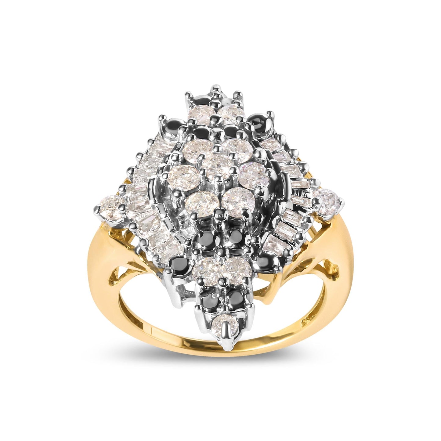 10K Yellow Gold 1 Cttw Round and Baguette cut Diamond Cluster and Rhombus Halo Ring (H-I Color, I1-I2 Clarity)