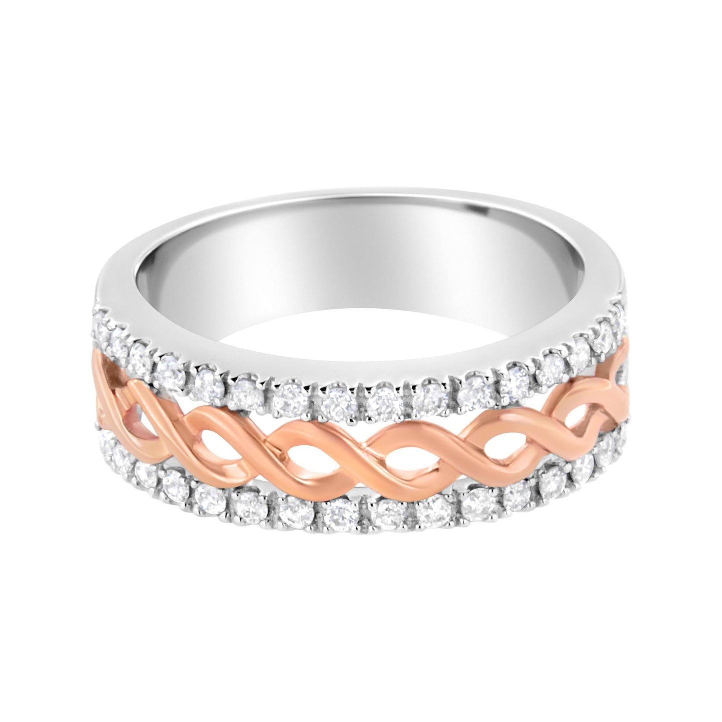 10K White and Rose Gold 1/3 Cttw Diamond Split Shank and Infinity Ribbon Band Ring (I-J Color, I1-I2 Clarity)