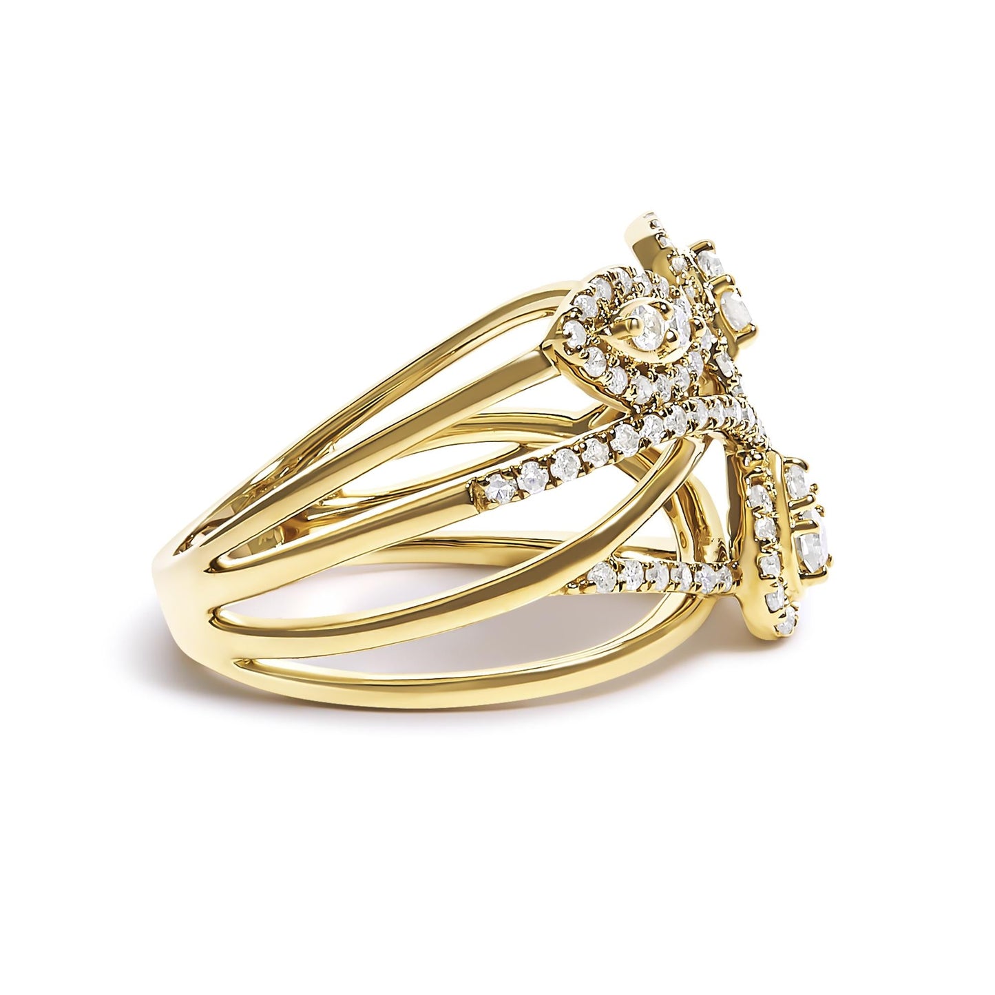 10K Yellow Gold 1/2 Cttw Diamond Crossover 3 Leaf Floral Cocktail Ring Band (H-I Color, SI1-SI2 Clarity)