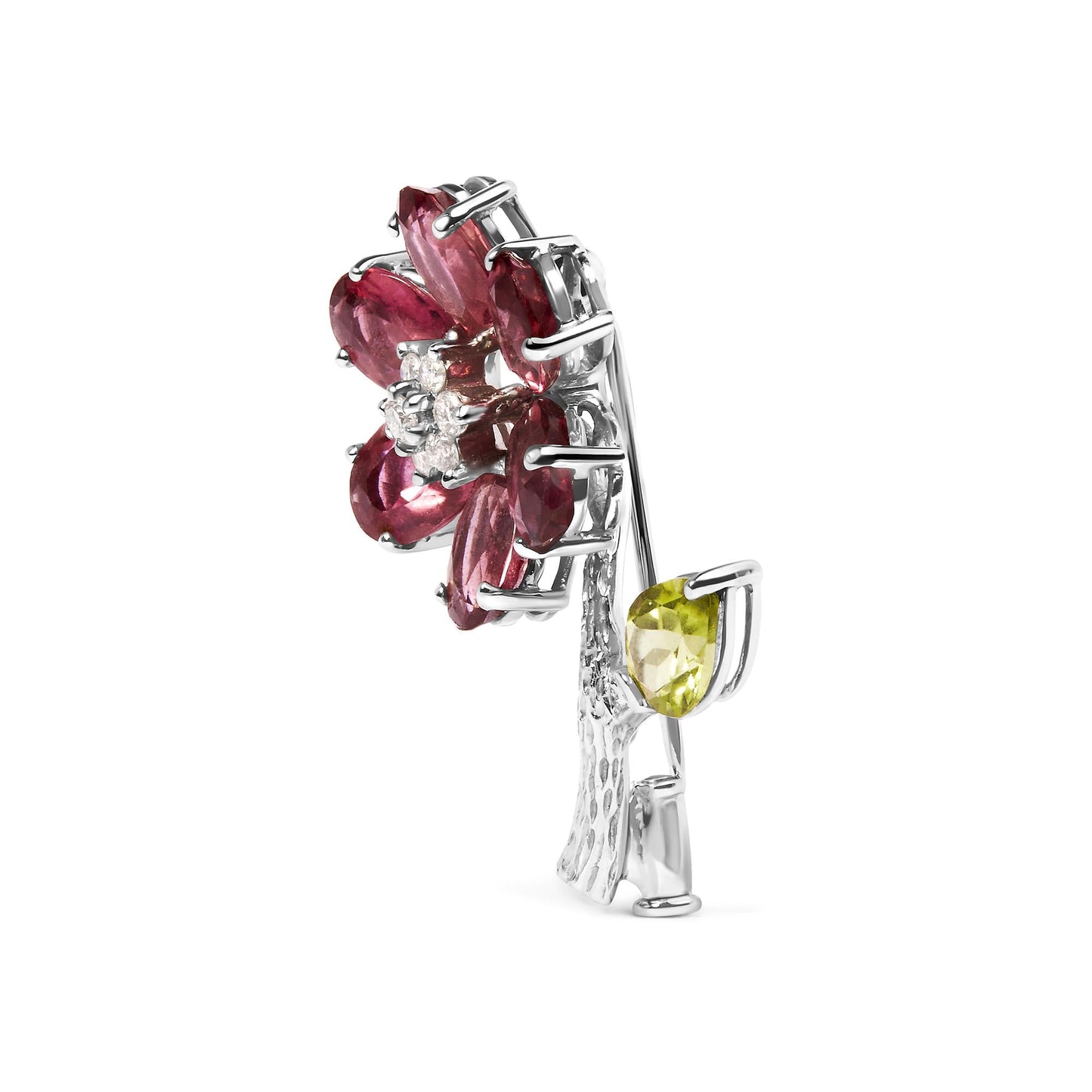 18K White Gold 1/3 Cttw Diamond, Pink Tourmaline, and Green Peridot Flower and Leaf Tulip Brooch Pin (H-I Color, VS2-SI1)