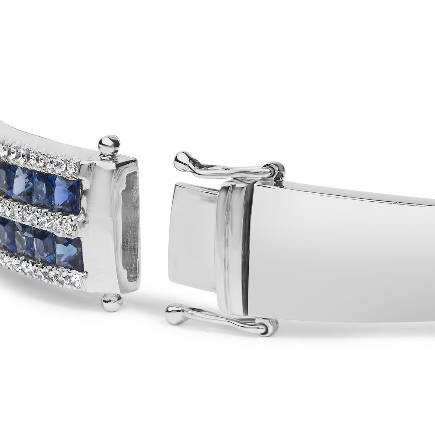 18K White Gold Alternating Diamond and 8.00 Cttw Princess Cut Blue Sapphire Multi Row Bangle Bracelet (G-H Color, VS1-VS2 Clarity) - 7" Inches