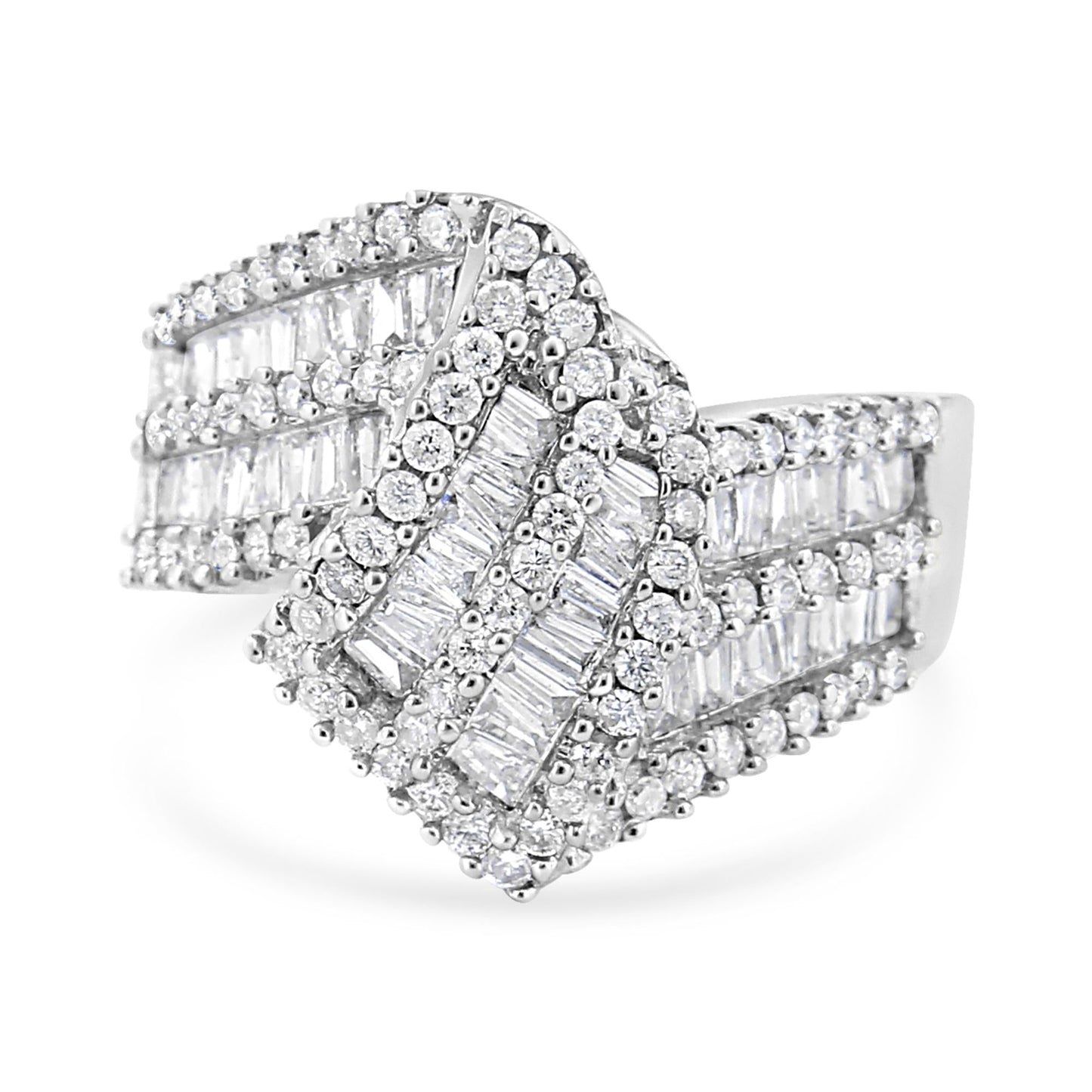 14K White Gold 1-1/2 Cttw Round and Baguette Diamond Bypass Cocktail Ring Band (H-I Color, SI1-SI2 Clarity)