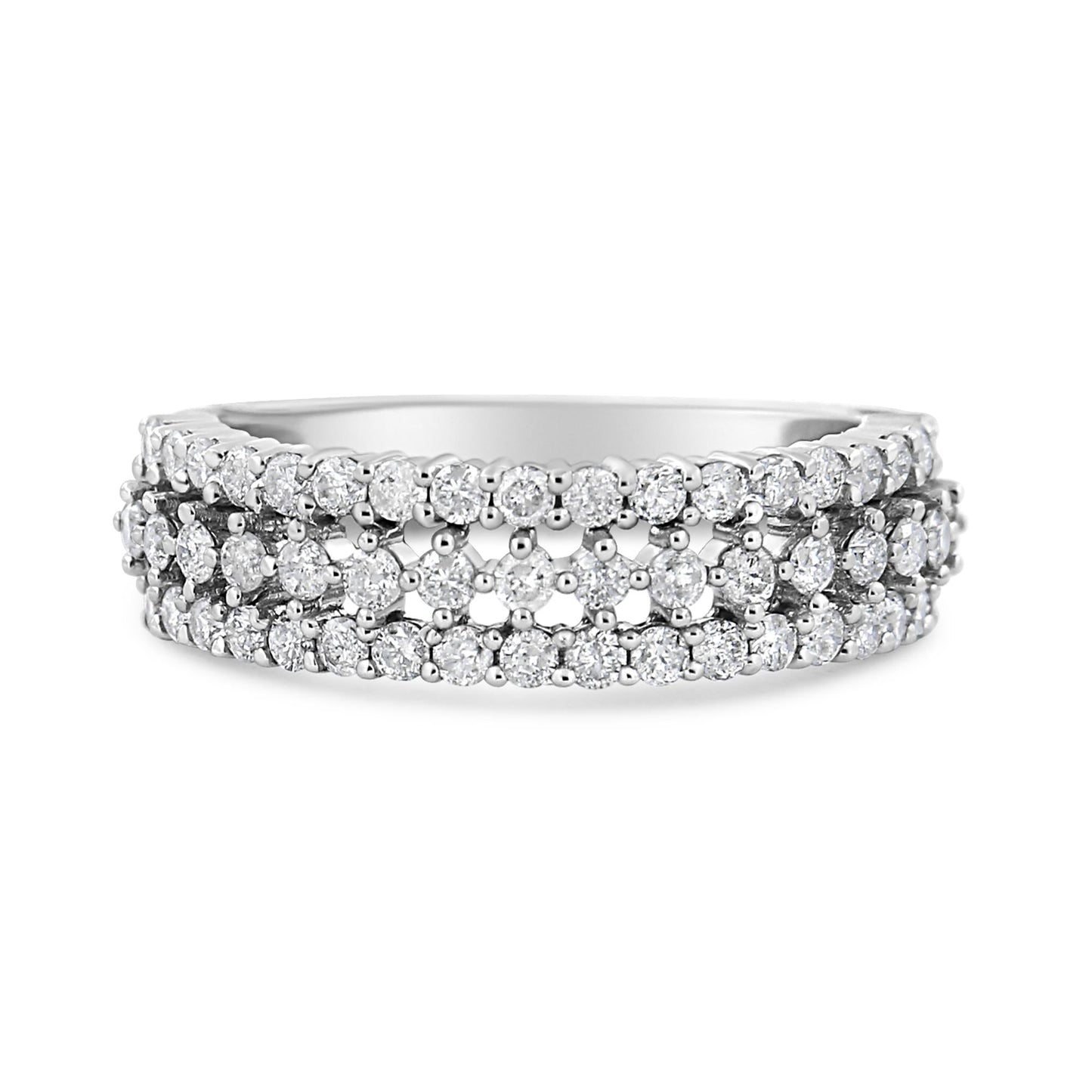 14K White Gold 1.0 Cttw Prong Set Round Diamond Split Shank Three Row Band Ring (H-I Color, I2-I3 Clarity)