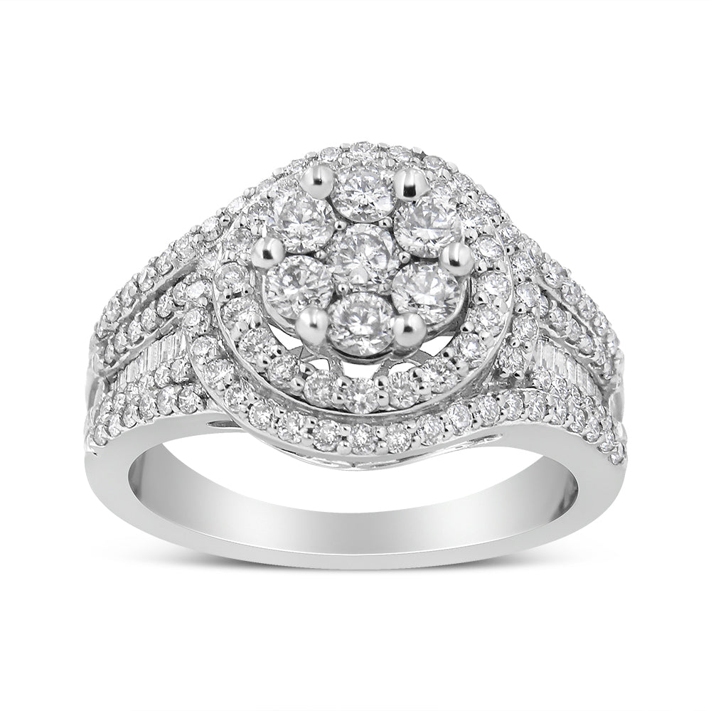 14K White Gold 1 1/2 Cttw Diamond Floral Cluster and Studded Shank Halo Ring (H-I Color, SI2-I1 Clarity)