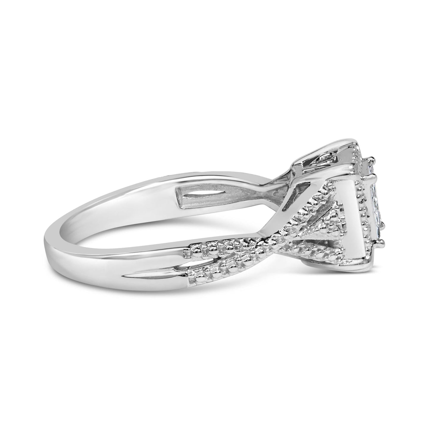 10K White Gold 1/7 Cttw Princess Cut Diamond Composite Head and Beaded Shank Engagement Ring (H-I Color, SI1-SI2 Clarity)